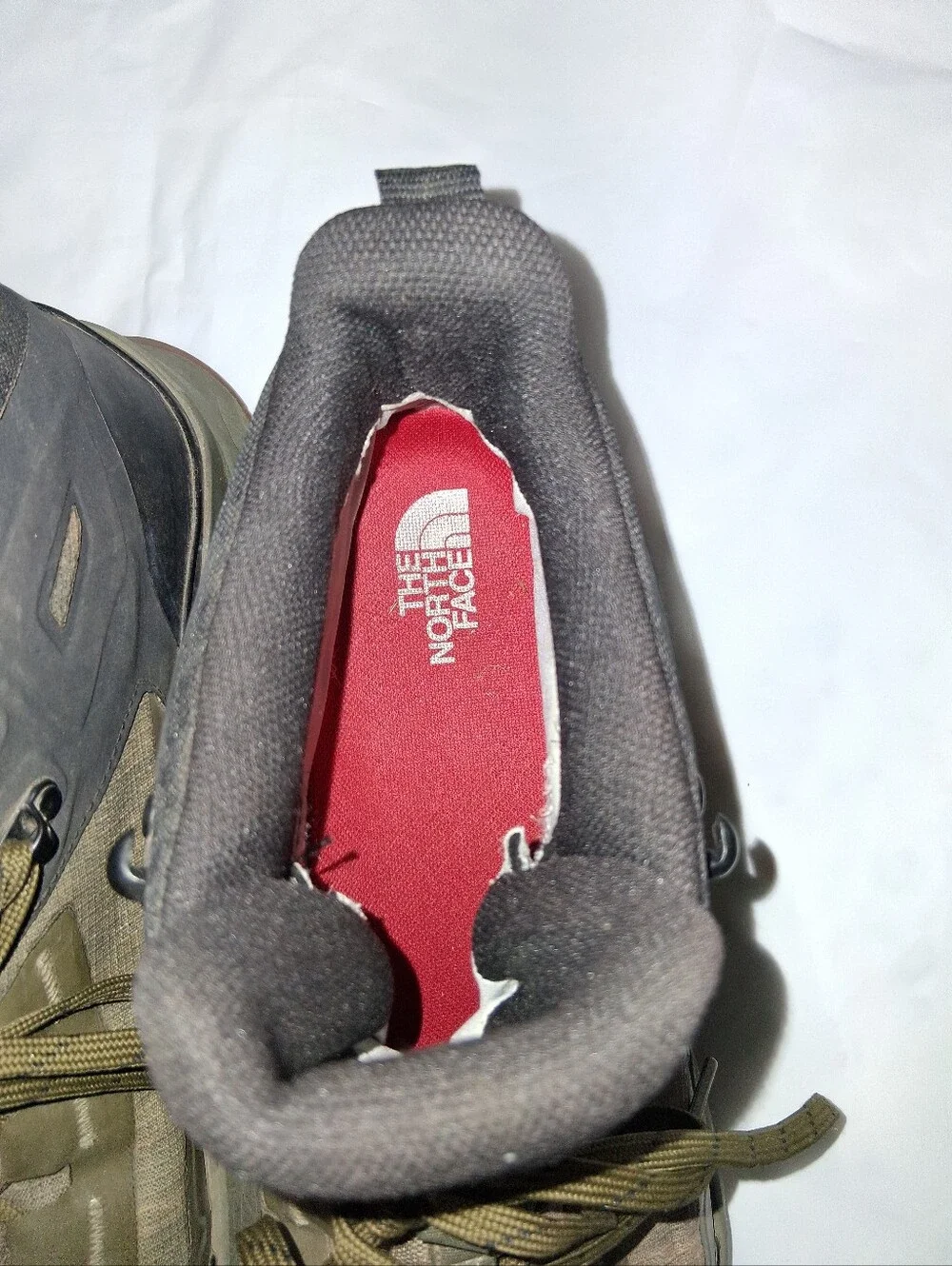The North Face Olive Green Hiking Boots with Orange Logo Accents